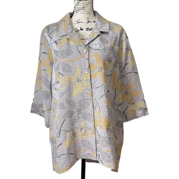 Habitat Button-Up Top Tunic 1/2 Sleeve Gray Yellow Floral Lagenlook Women Size L - Picture 1 of 8